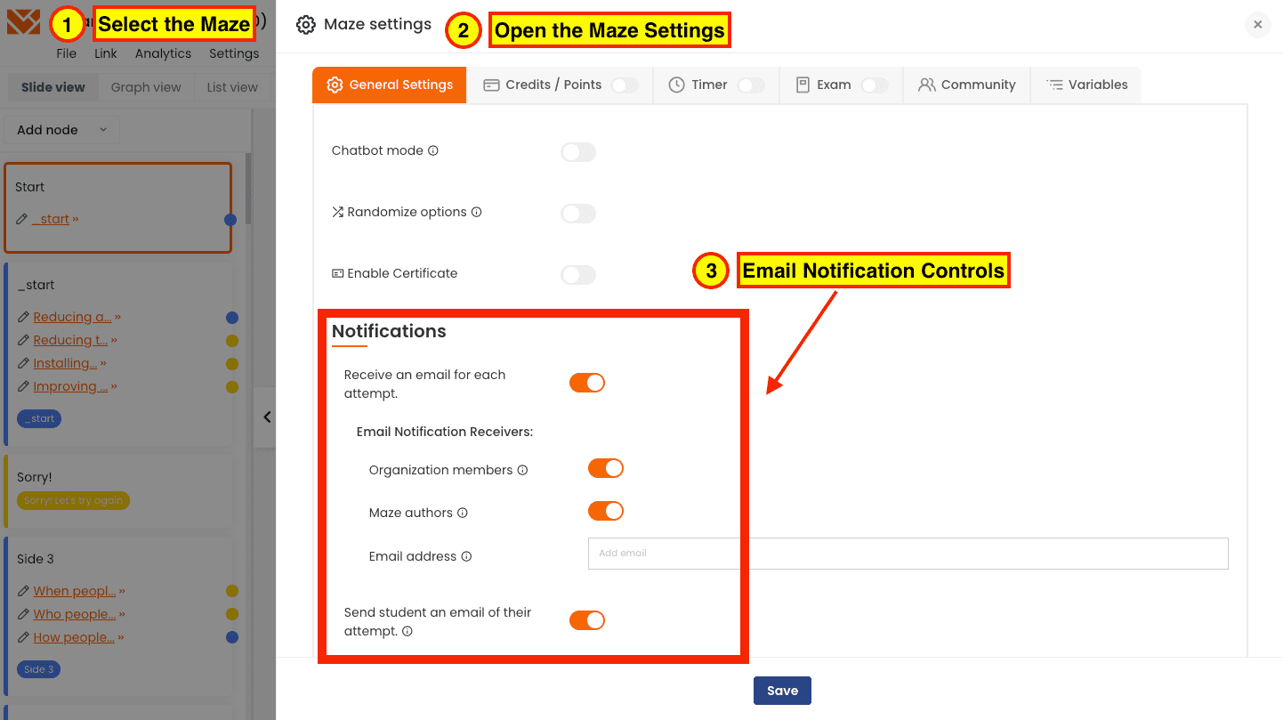 screenshot Mazetec email notification controls in the Maze settings