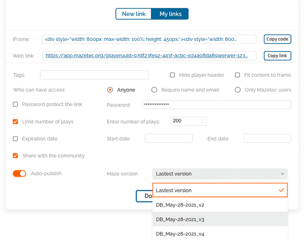 Screenshot of the Mazetec editor Link builder. Add edit branching choices and connect those choices. Configure points and time. Change your editor view.