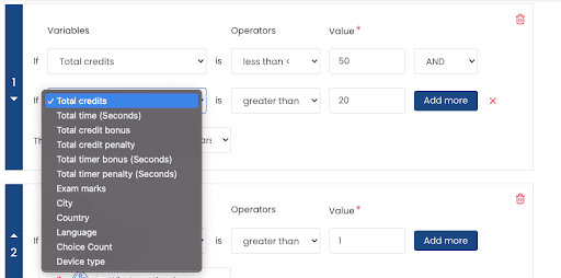 screenshot Mazetec conditional logic branch showing the variables and operators in an example